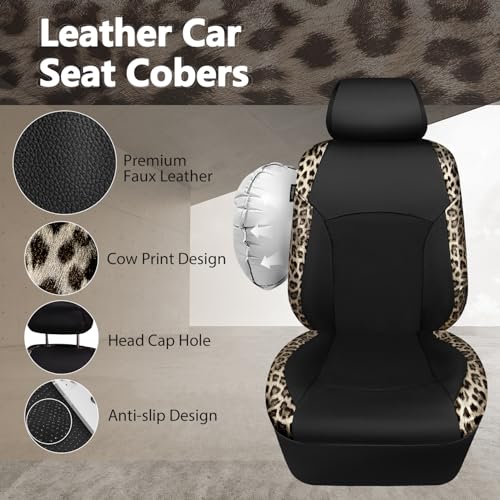CAR PASS Leopard Print Faux Leather Car Seat Covers & Leopard Car Mats&Leopard Steering Wheel Cover Seat Belt Universal Car Accessories for SUV,Van,Saden,Truck Automobile Interior Sets(Gold Black) - color: Leopard Gold combo