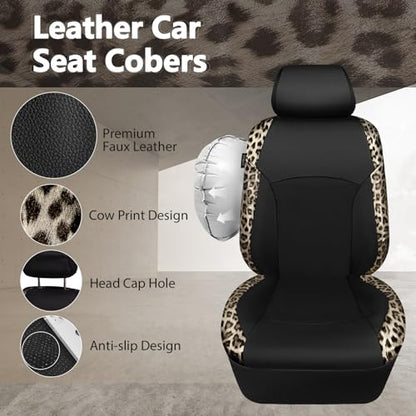 CAR PASS Leopard Print Faux Leather Car Seat Covers & Leopard Car Mats&Leopard Steering Wheel Cover Seat Belt Universal Car Accessories for SUV,Van,Saden,Truck Automobile Interior Sets(Gold Black) - color: Leopard Gold combo
