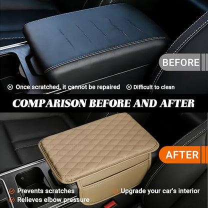 Car Center Console Cover, Upgraded Microfiber Car Armrest Cover Cushion, with 2 Storage Bags Scratch, Resistant Leather Cars Armrest Storage Box Universal Vehicles Accessories (Beige) - color: Beige