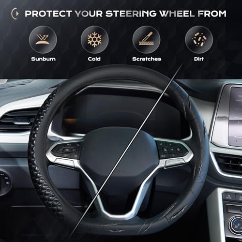 Coverado Car Steering Wheel Cover, Nappa Leather Black Steering Wheel Covers, Universal 14-15 inch, Anti-Slip, Breathable Steering Wheel Protector for Women Men - color: C-Black