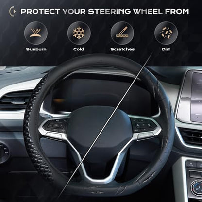 Coverado Car Steering Wheel Cover, Nappa Leather Black Steering Wheel Covers, Universal 14-15 inch, Anti-Slip, Breathable Steering Wheel Protector for Women Men - color: C-Black