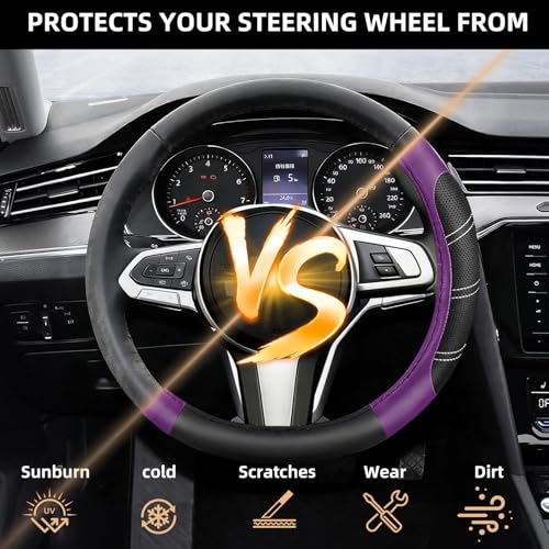 NBTEPEM Customized Auto Car Steering Wheel Cover for Honda Accord, Civic, CR-V, HR-V, Pilot, Microfiber Leather Sport Steering Wheel Covers 14.5-15 inchs, Anti-Slip, Safety, Soft(Black-Purple)