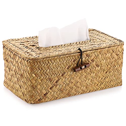 Sumnacon Tissue Box Cover Rectangle Tissue Box Seagrass Tissue Box Holder Woven Tissue Holder Decorative Tissue Cover for Bathroom Tissue Box Cover Rectangular for Home Office Table Yellow - color: Yellow, size: Medium