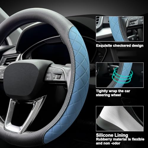 Nappa Leather Steering Wheel Cover,Elegant Diamond Checkered Design, Non-Slip wear-Resistant, Enhance Driving Comfort, Suitable for Steering Wheel Diameter 14 1/2‘-15’ Models.Black Blue - color: Black Blue