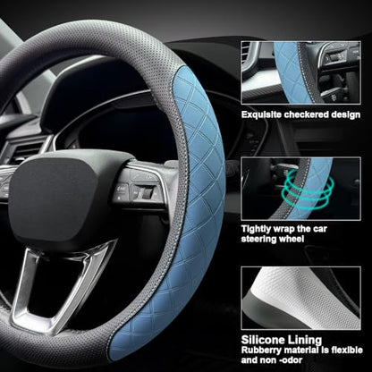 Nappa Leather Steering Wheel Cover,Elegant Diamond Checkered Design, Non-Slip wear-Resistant, Enhance Driving Comfort, Suitable for Steering Wheel Diameter 14 1/2‘-15’ Models.Black Blue - color: Black Blue