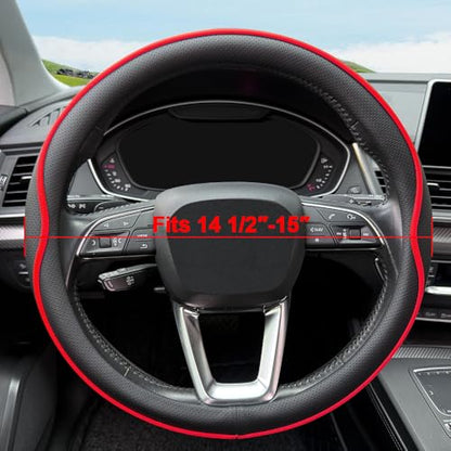 HAOTULE Leather Steering Wheel Cover， with Anti-Slip Stripe Design - Enhanced Grip, Fashion Style, Safe, Non-Slip, Breathable. Upgrade car Interior，Black red - color: Black red