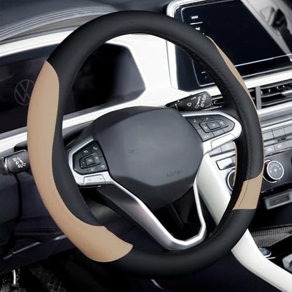 Coverado Car Steering Wheel Cover, Nappa Leather Black & Brown Steering Wheel Covers, Universal 14-15 inch, Anti-Slip, Breathable Steering Wheel Protector for Women Men - color: B-BlackBrown