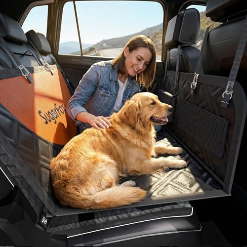 SugarFox Dog Car Seat Cover for Back Seat - Upgraded PU Leather Dog Hammock, 400lbs Hard Bottom Backseat Pet Cover, Waterproof Anti-Scratch + Pet Safety Belt (BLACK-60“x20”) - color: 01-BLACK, size: XL