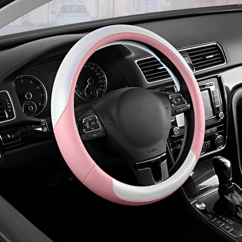 Road Comforts Steering Wheel Cover – Breathable Leather Steering Wheel Cover, Anti-Slip Grip, Universal Fit 14.5” to 15”, Heat & Cold Resistant for Cars, SUVs, and Trucks –Shining White & Pink - color: White&Pink