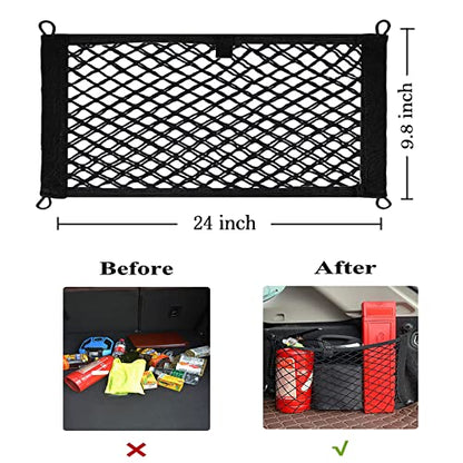 2 Pack Small Cargo Net Pocket Storage Mesh Net Elastic Automotive Cargo Nets Storage Pouch for Car Trunk Net, RV, Boat Storage Mesh Pocket Net with 8 Mounting Screws and Hooks (24 x 9.8 Inches) - size: 24 x 9.8 Inches