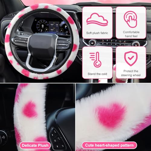 SuperKaKa 3PCS Plush Heart Print Steering Wheel Cover,Auto Furry Cute Shift Gear & Hand Brake Covers Soft Warm Universal Car Interior Accessories for Women Men(Pink Heart) - color: Pink Heart