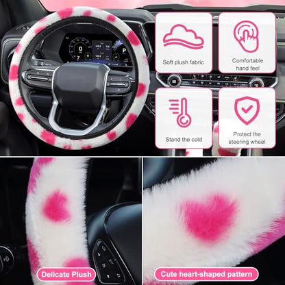SuperKaKa 3PCS Plush Heart Print Steering Wheel Cover,Auto Furry Cute Shift Gear & Hand Brake Covers Soft Warm Universal Car Interior Accessories for Women Men(Pink Heart) - color: Pink Heart