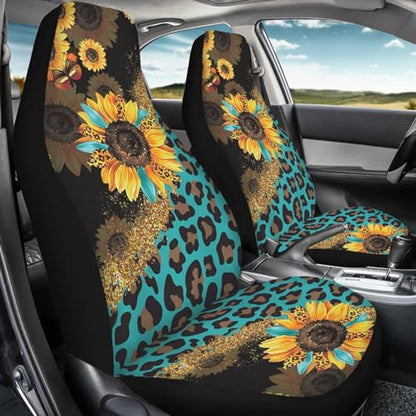 Car Seat Covers Sets for Women Leopard Sunflower Auto Saddle Blankets Seat Cover High Back Bucket Seat Cover Universal Fit for Most Cars SUVs Trucks Vans - color: Leopard Sunflower