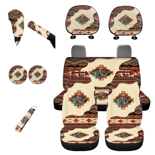 Horeset Ethnic Western Aztec Cactus 11 Pack Car Seat Cover with Headrest Cover+Cup Coasters+Handbrake Cover+Gear Shift Caover+Lanyaeds Key Chain Universal Fit Most Cars SUV Van Sedan Truck - color: Ethnic Western Aztec Cactus