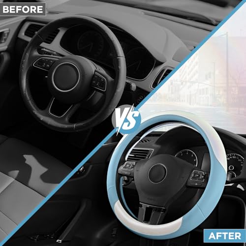 Road Comforts Steering Wheel Cover – Breathable Leather Steering Wheel Cover, Anti-Slip Grip, Universal Fit 14.5” to 15”, Heat & Cold Resistant for Cars, SUVs, and Trucks – Shining White & Blue - color: White&Blue