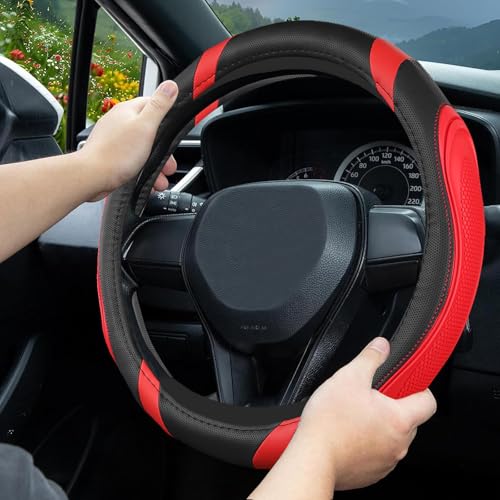 Concave Convex Massage Black Red Microfiber Leather Steering Wheel Cover, 14.5-15 Inch Non-Slip Breathable Microfiber Car Steering Wheel Protector - color: Embossed Massage - Black Red