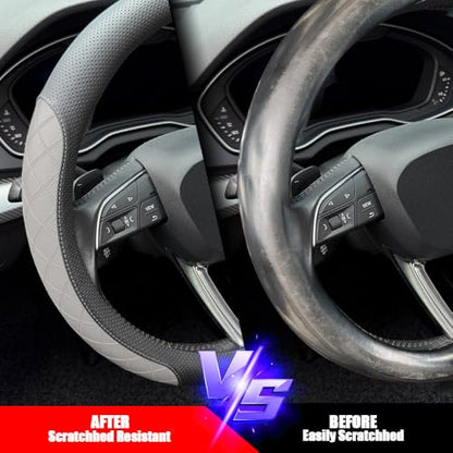 Nappa Leather Steering Wheel Cover,Elegant Diamond Checkered Design, Non-Slip wear-Resistant, Enhance Driving Comfort, Suitable for Steering Wheel Diameter 14 1/2‘-15’ Models.Black Gray - color: Black Gray