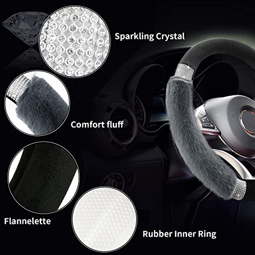 Achiou Rhinestone Fluffy Steering Wheel Cover - Comfortable Non-Slip Luxury Faux Wool, Universal Fit for 14.5" to 15" Steering Wheels - color: Black and Gray