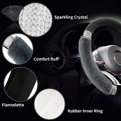 Achiou Rhinestone Fluffy Steering Wheel Cover - Comfortable Non-Slip Luxury Faux Wool, Universal Fit for 14.5" to 15" Steering Wheels - color: Black and Gray
