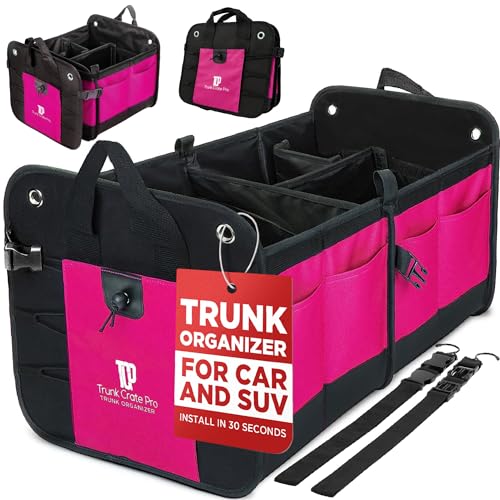 TRUNKCRATEPRO Pink Car Accessories For Women, Trunk Organizer For Car, Suv, Jeep Premium Adjustable Multi Compartments Collapsible (Large Capacity) - color: Pink, size: Large