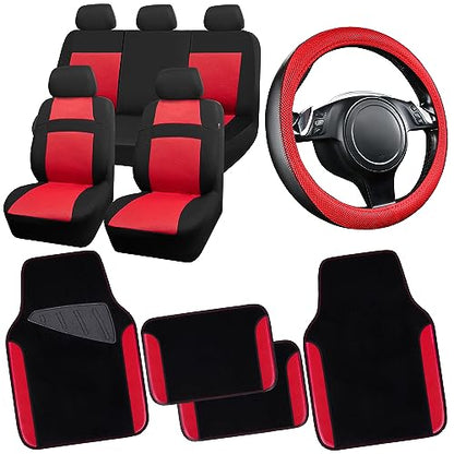 CAR PASS 3D Air Mesh Car Seat Covers Full Sets w/5mm Sponge, 4Pcs Waterproof Car Floor Mats, Steering Wheel Cover Universal Fit for SUV Sedan Truck, Airbag Compatible Automotive Interior(Black & red) - color: Red Combo