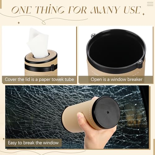 1 Pcs Car Tissues Cylinder Leather Round Container Car Tissues Holder with Tissue Paper with Window Breaker for Vehicle Bathroom Office(Beige) - color: Beige