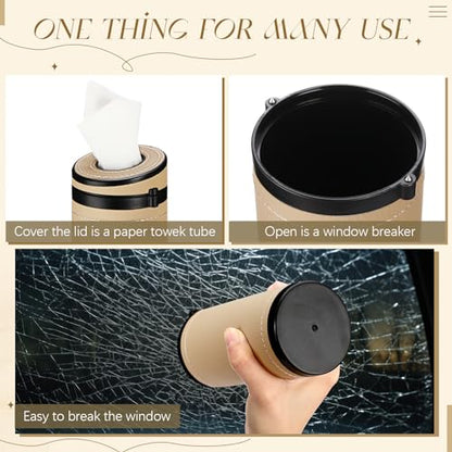 1 Pcs Car Tissues Cylinder Leather Round Container Car Tissues Holder with Tissue Paper with Window Breaker for Vehicle Bathroom Office(Beige) - color: Beige