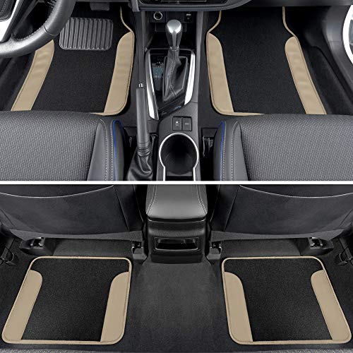 BDK Beige Faux Leather Car Seat Covers Full Set with Matching Carpet Car Floor Mats - Universal Front & Back Bench Car Seat Protector & Car Mats Full Set for SUV & Truck Automotive Interior Liner - color: Beige