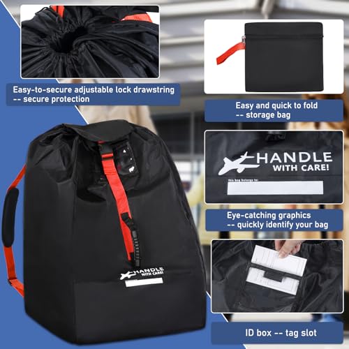 Car Seat Travel Bag for Airplane backpack with padded shoulder straps, Large Waterproof Car Seat Bags Fits Most Infant Car Seats, Convertible Car Seats, Booster Seats, Car Seat Bases - color: Black with red