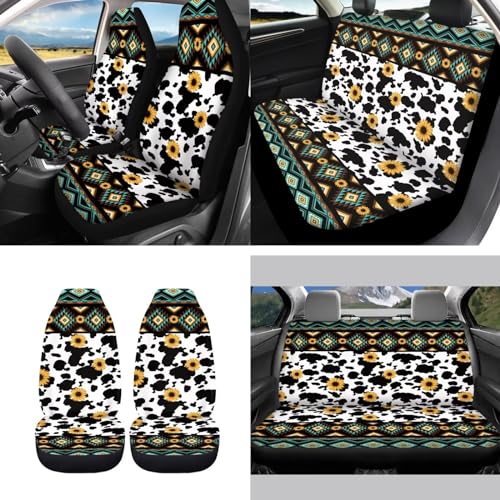 Aztec Cow Geometric Seat Covers for Car,11Pack Cow Auto Seat Covers for Front Back,Universal Fit Most Vehicle Truck SUV,Auto Steering Wheel Cover Seatbelt Pads Keychain Cup Holder Coasters - color: Aztec Cow
