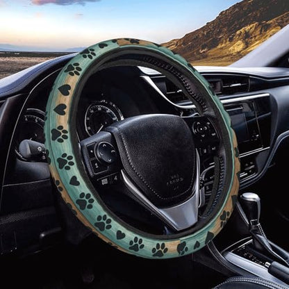 Green Brown Wooden Dog Paw Steering Wheel Cover for Women Men, Non-Slip Steering Wheel Protector Car Wheel Covers, Universal 15 Inch Fit for Auto, Suvs, Truck - color: Green Brown Wooden Dog Paw