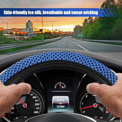 Elastic Stretch Steering Wheel Cover, 15" Breathable Microfiber Ice Silk Steering Wheel Protector, Universal Anti-Slip Car Warm in Winter&Cool in Summer Accessories for Men Women (Blue) - color: Blue