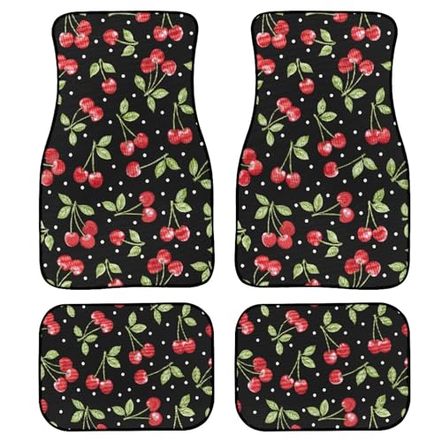 Sweet Cherry Car Floor Mats 4Pcs Ripe Red Berries with Green Leaves Cute Summer Fruits Floor Mats for Cars Custom Front Rear Vehicle Rugs Universal Auto Accessories for Trucks Sedans - color: Red