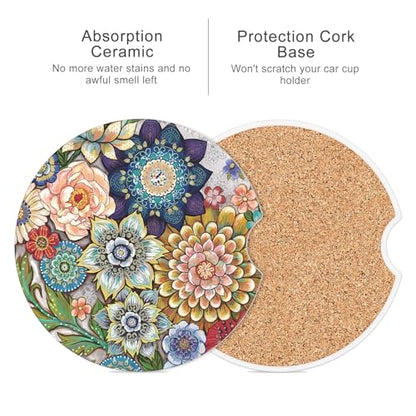 Car Cup Holder Coaster, Car Coasters for Cup Holders, 4 Pack Universal Anti Slip Insert Absorbent Ceramic Auto Interior Accessories with A Finger Notch & Cork Base, Mandala Flowers
