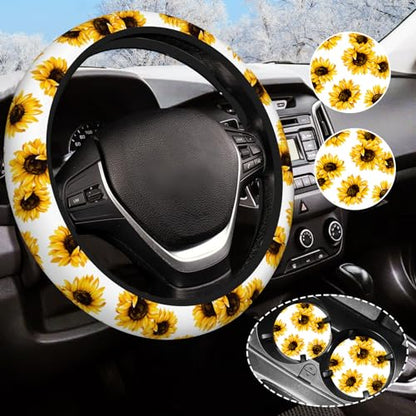 Yellow Sunflower Flower Steering Wheel Cover for Women Men with 2 Pcs Car Coasters, Universal 14.5-15 Inch Rainbow Steering Wheel Covers Non-Slip Car Accessories for Girls - color: sunflower flower