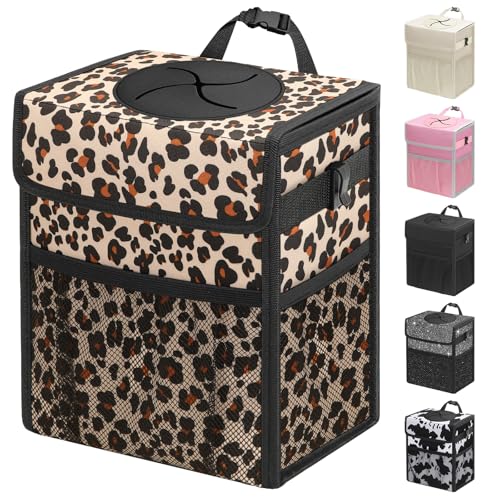 Capolo Car Trash Can with Lid, Leakproof Car Trash Bag Hanging Waterproof Automotive Garbage Can with Storage Pockets Mini Vehicle Trash Bin for Back/Front Seat(Leopard,3 Gallon) - color: Leopard, size: 3 Gallons