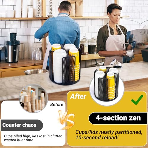 4-Compartment Rotating Paper Cup Holder & Coffee Cup Lid Storage Dispenser, Plastic Cup Dispenser Removable, Space-Saving Countertop Cup Holder for Coffee Bars, Kitchens (Black) - color: Black