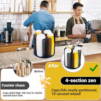 4-Compartment Rotating Paper Cup Holder & Coffee Cup Lid Storage Dispenser, Plastic Cup Dispenser Removable, Space-Saving Countertop Cup Holder for Coffee Bars, Kitchens (Black) - color: Black