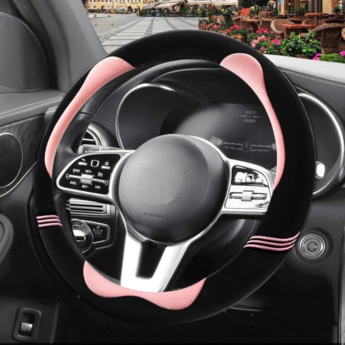 Furry Cute Steering Wheel Cover, Soft Fluffy Short Plush Auto Accessories, Non-Slip Cold-Proof Sweat-Proof Colorfast, Universal 15 inch(Black with Pink)