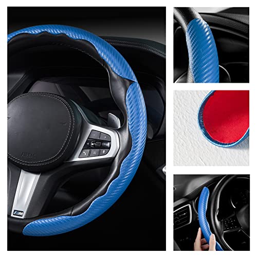 3 Piece Carbon Fiber Steering Wheel Cover,Car Steering Wheel Protector with Non-Slip Lining,Breathable Microfiber Universal for 14.5-15 inch,Blue