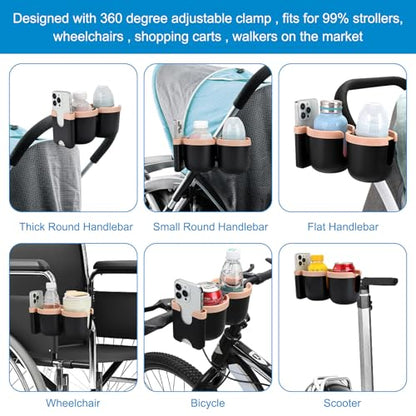 Accmor Stroller Cup Holder with Phone Holder, Bike Cup Holder, Universal Cup Holder for Uppababy Nuna Doona Strollers, 2-in-1 Cup Holder for Walker, Wheelchair, Scooter - color: Double Holder-Pink