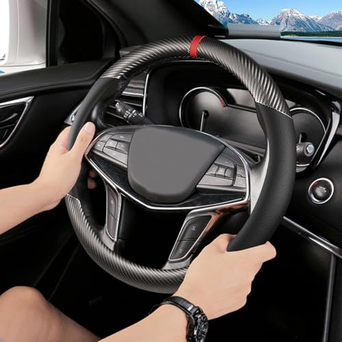 Black & Grey Carbon Fiber Leather Steering Wheel Cover, Microfiber Leather, Anti-Slip, Breathable, Universal Fit for 14.5–15 in Steering Wheel Cover for Men Women - color: Splicing Carbon Fiber - Black and Grey