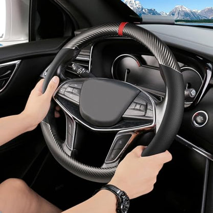 Black & Grey Carbon Fiber Leather Steering Wheel Cover, Microfiber Leather, Anti-Slip, Breathable, Universal Fit for 14.5–15 in Steering Wheel Cover for Men Women - color: Splicing Carbon Fiber - Black and Grey