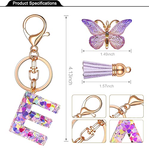 JINGUAZI Initial letter Keychains for Women Tassel Butterfly Pink Purple Cute Car Keychain for Wallet Backpack bag charm - color: E-purple