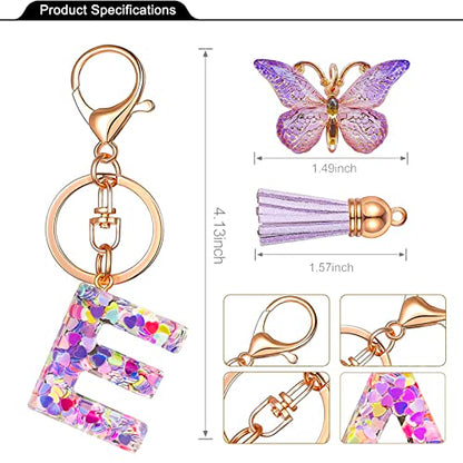 JINGUAZI Initial letter Keychains for Women Tassel Butterfly Pink Purple Cute Car Keychain for Wallet Backpack bag charm - color: E-purple