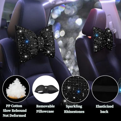 Car Headrest Pillow Bowknot Neck Support Pillow for Driver with Bow Tie Bling Diamond Head Neck Support Rhinestone Accessories for Girls and Women Black 2Pcs