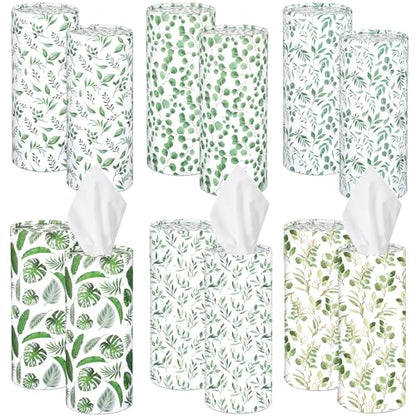 Outus 12 Pcs Eucalyptus Leaves Car Tissues Cylinder Holder with 3 Ply Facial Tissue Bulk Round Tissue Holder Travel Tissues Boxes Container for Car Cup Wedding Birthday Party - style: Eucalyptus Leaves