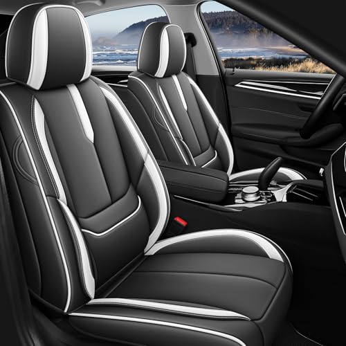 Front Seat Covers for Chevy Camaro 2010-2024, Leather Car Seat Protector, Bucket Seat Covers, Waterproof Car Seat Cushions, Stylish Full Coverage Car Seat Covers(Black/White,2 Seat)