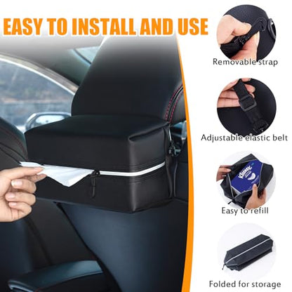 Car Tissue Holder for 120-160-230 Count Kleenex Facial Tissues Box - Waterproof Zipper Cover, Soft Black Leather with Adjustable Strap, Ideal for Car Seat Headrest, Console, Boat, Home (Uplien)
