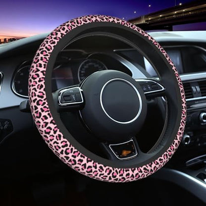 Pink Leopard Print Steering Wheel Cover Pink Cheetah Steering Wheel Car Cup Holder Pad 2 Pack 15 Inch Steering Wheel Cover Women Men Anti Slip Breathable Wheel Cover Protector - color: Pink leopard print
